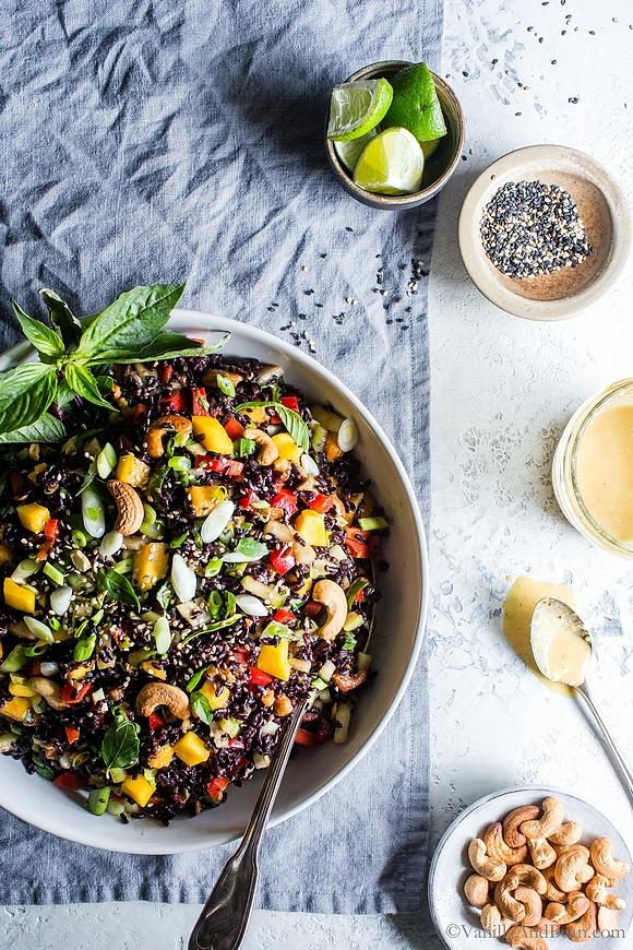 Forbidden rice salad with mango, bok choy and coconut dressing