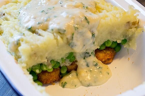 Vegan fish finger pie with parsley sauce