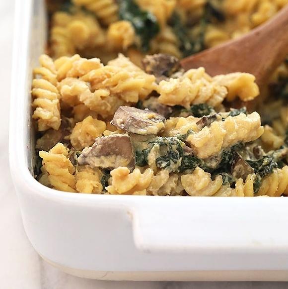 Vegan pasta bake with white wine sauce and mushrooms
