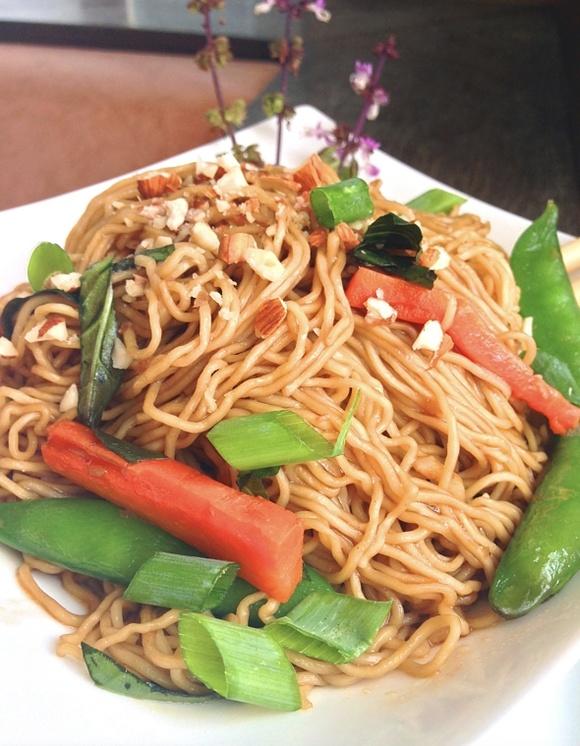 Vegan spicy thai basil noodles with sesame and garlic