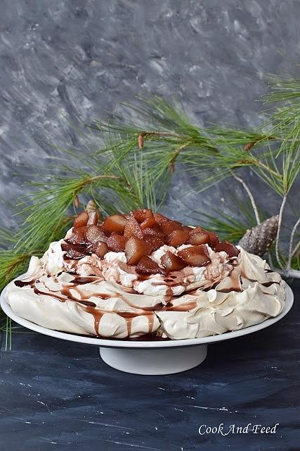 Poached pear pavlova