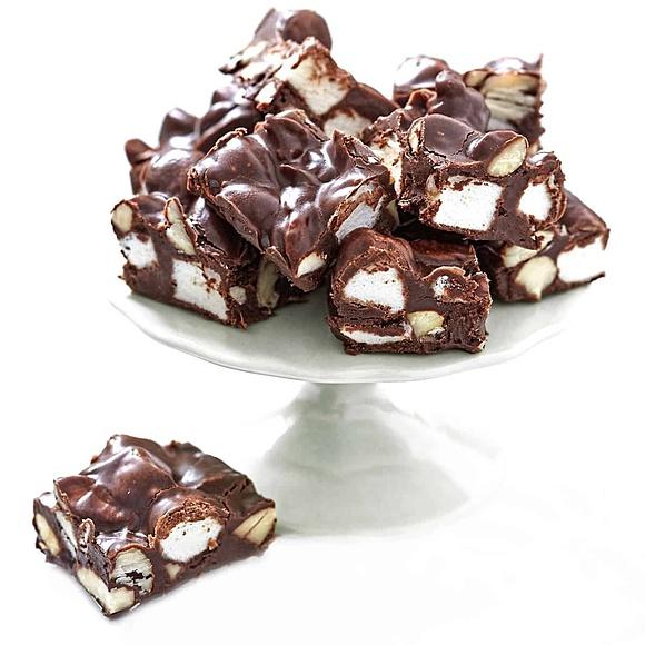 Rocky road dessert with chocolate, peanut butter, and marshmallows