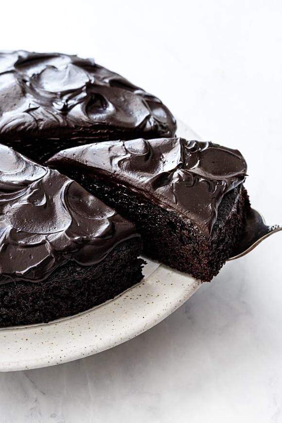 Sour cream chocolate cake with glossy chocolate frosting