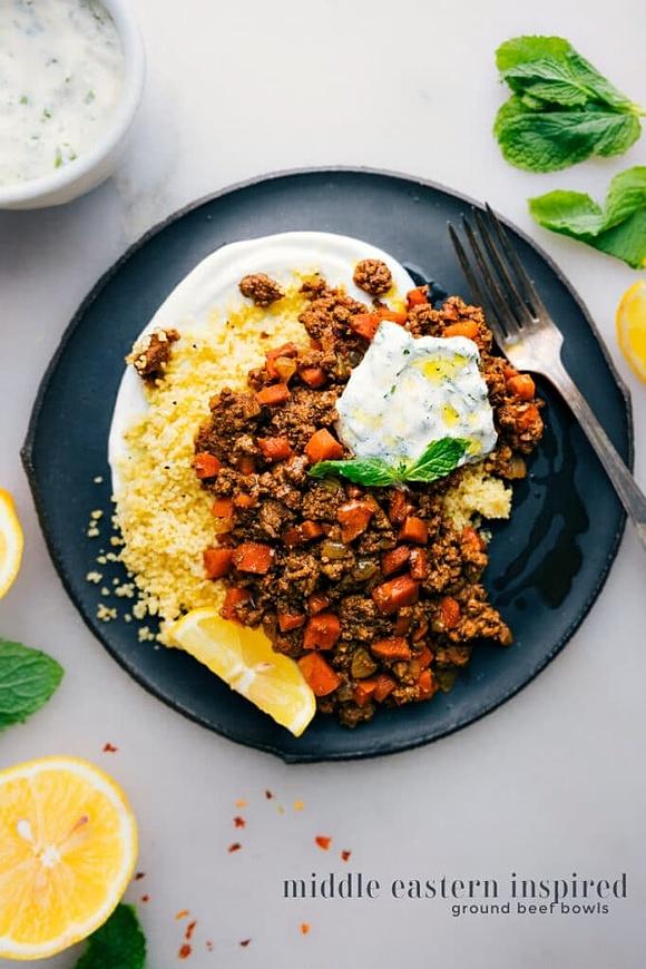 Middle Eastern ground beef bowls