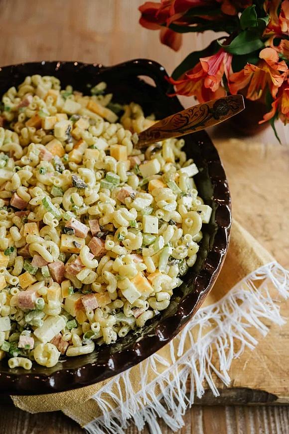 Easy macaroni salad with cheese, spam, and dill pickles