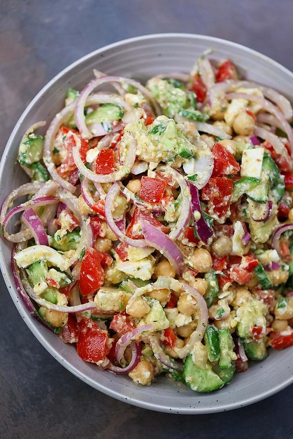 Chickpea salad with feta and vegetables
