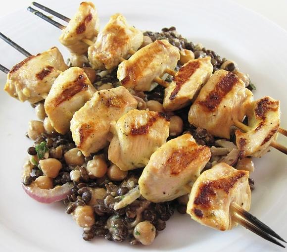 Mustard Grilled Chicken Kebabs with Lentil and Chickpea Salad