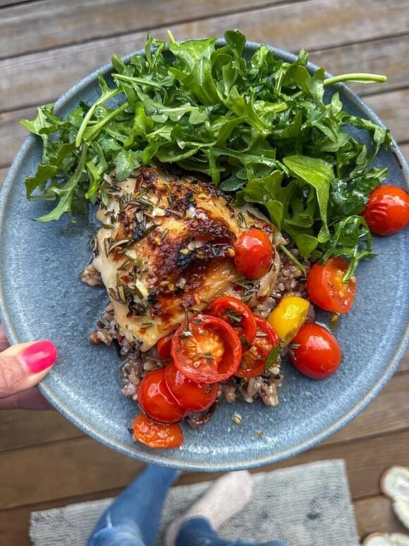 Lemon herb roasted chicken with wild rice and arugula salad