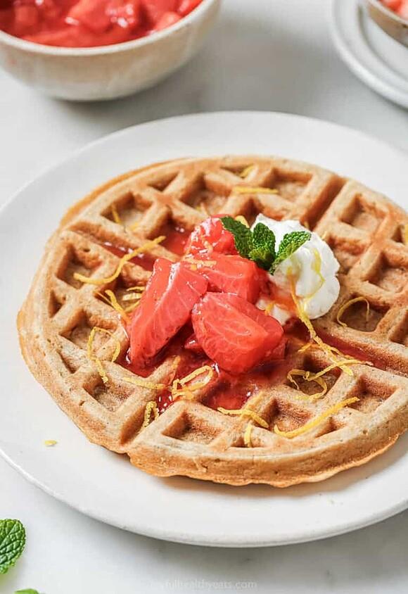Oatmeal waffles with strawberry compote