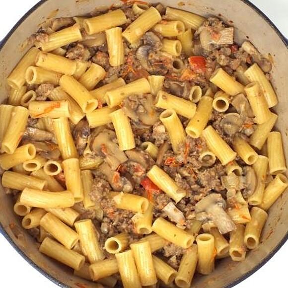Pasta alla boscaiola in creamy tomato sauce