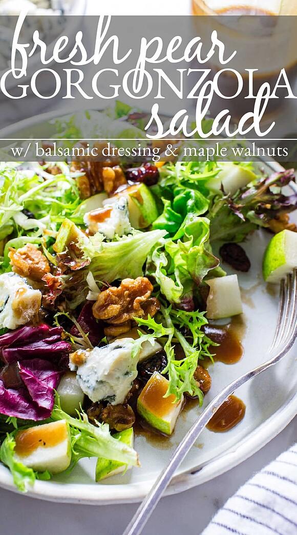 Pear and gorgonzola salad with maple balsamic dressing