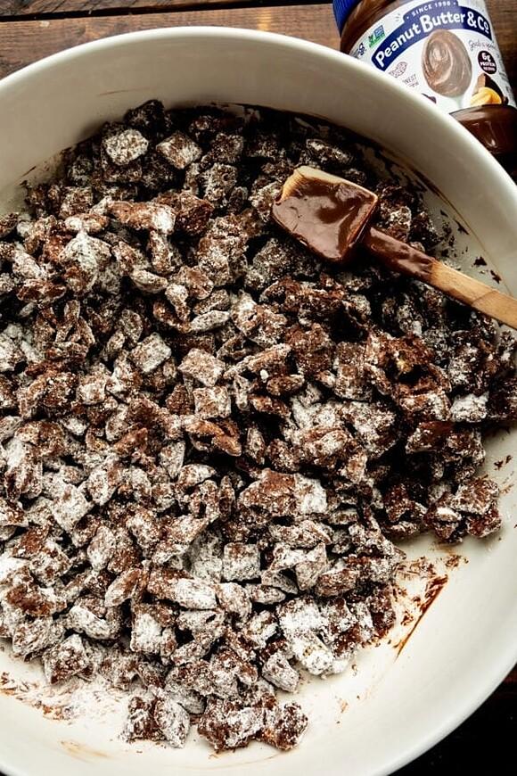 Dark chocolate peanut butter muddy buddies