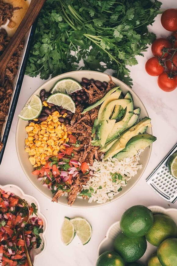 Mexican shredded beef burrito bowl