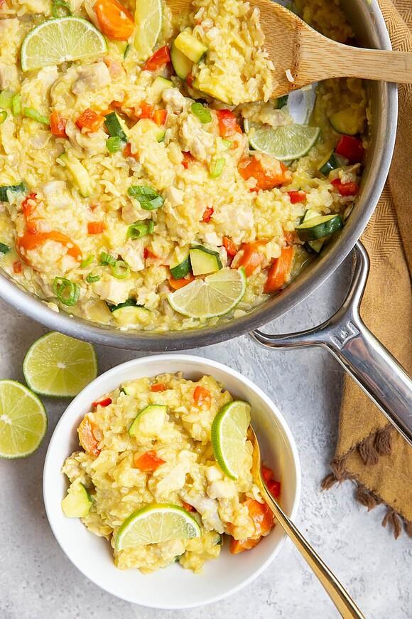One-skillet coconut lime chicken with rice and vegetables