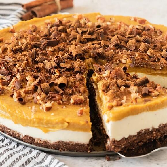 Layered no-bake pumpkin cheesecake with chocolate crust