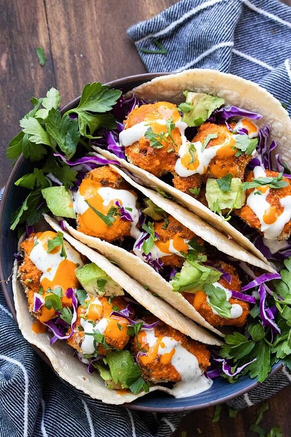 Crispy baked buffalo cauliflower tacos