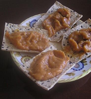 Eggplant and tomato pate with chicken fat, mildly spiced
