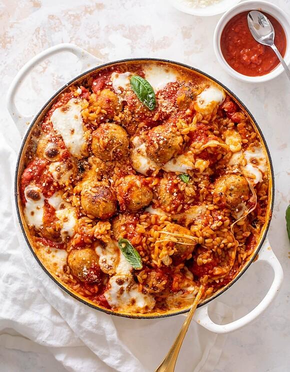 One-pot chicken parmesan meatballs with orzo