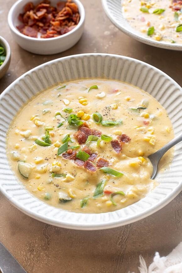 Creamy zucchini corn chowder with bacon
