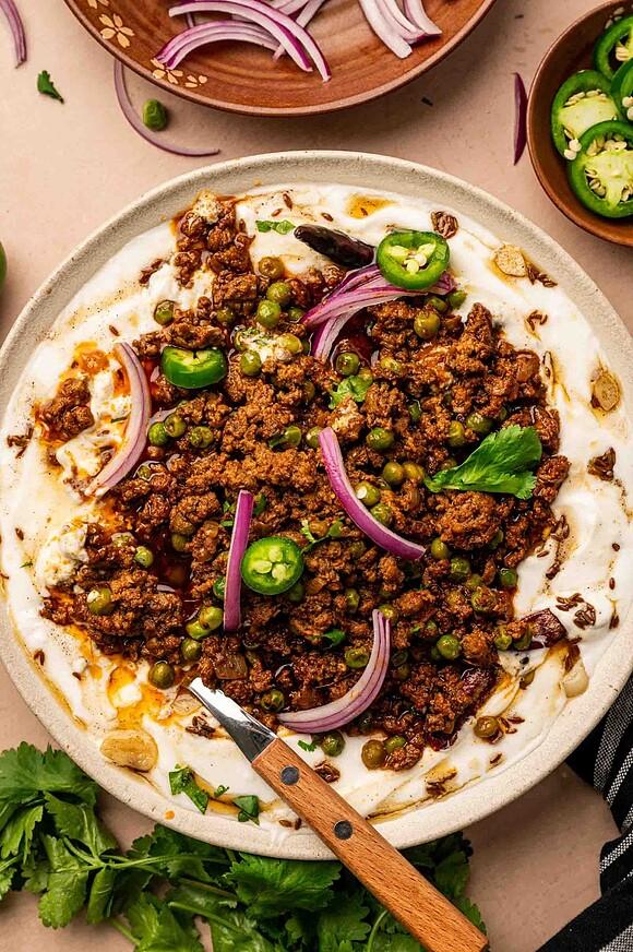 Lamb keema with tadka yogurt