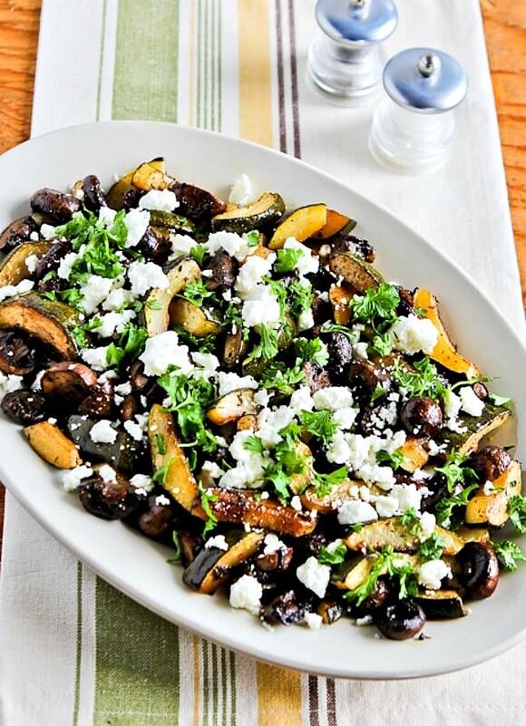 Roasted zucchini and mushrooms with feta