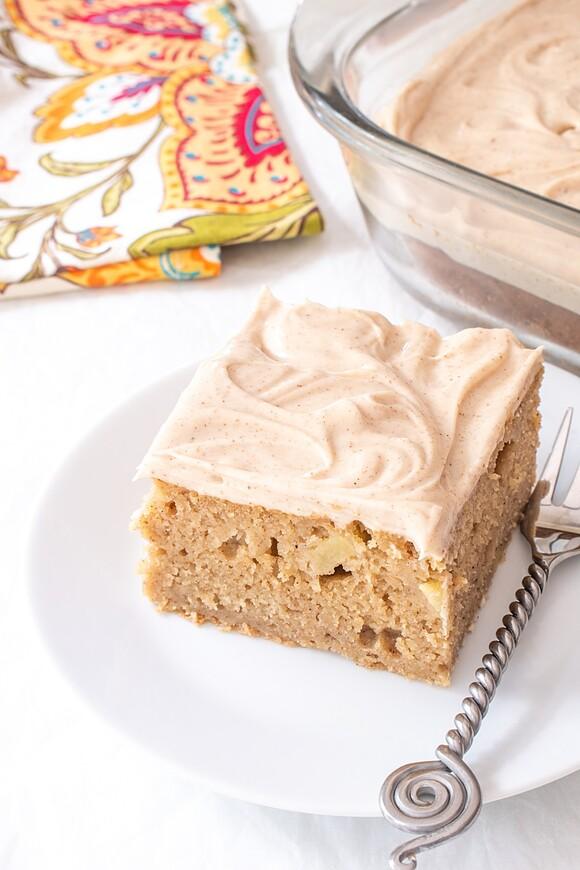 Apple snack cake with maple-cinnamon cream cheese frosting