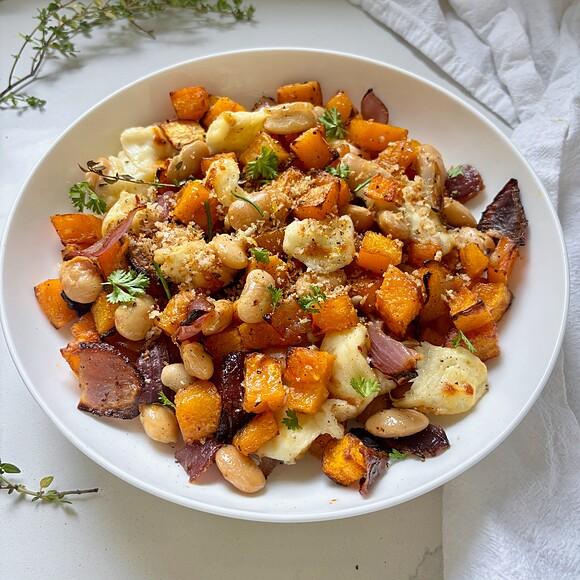 Sheet pan butternut squash, halloumi and butter beans