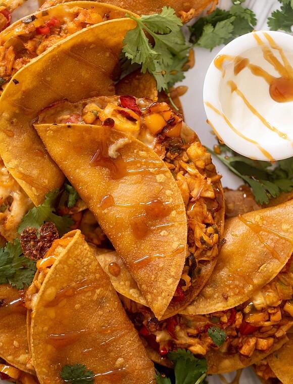 Crispy baked hot honey chicken tacos