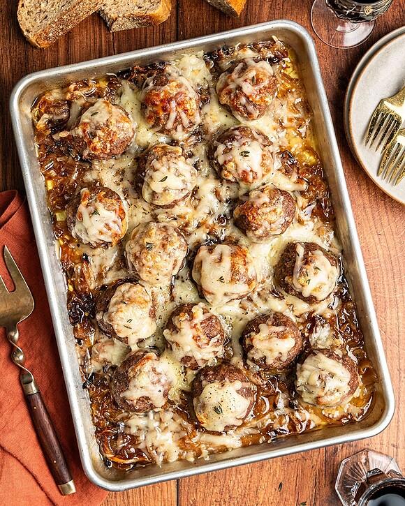 Sheet pan french onion meatballs