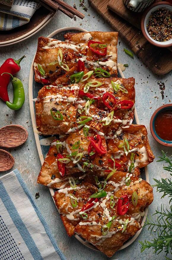 Crab rangoon nachos (stuffed wonton crisps)