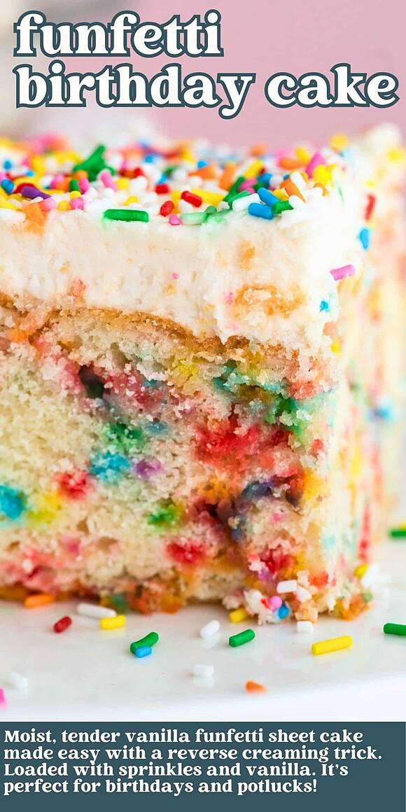 Funfetti birthday cake (homemade in a 9×13″ pan)