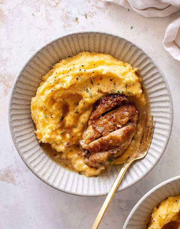 Sticky apple cider chicken with cheddar mashed potatoes