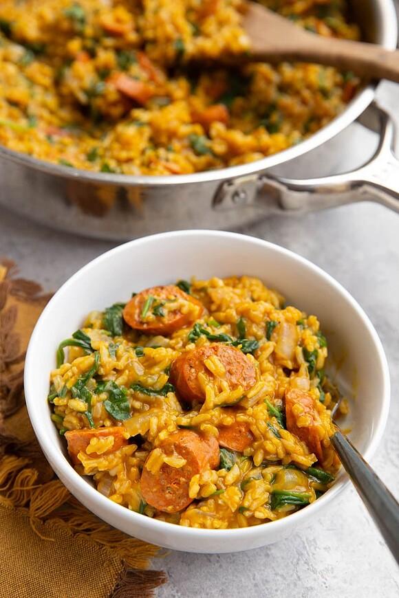 Pumpkin sausage and rice skillet with spinach