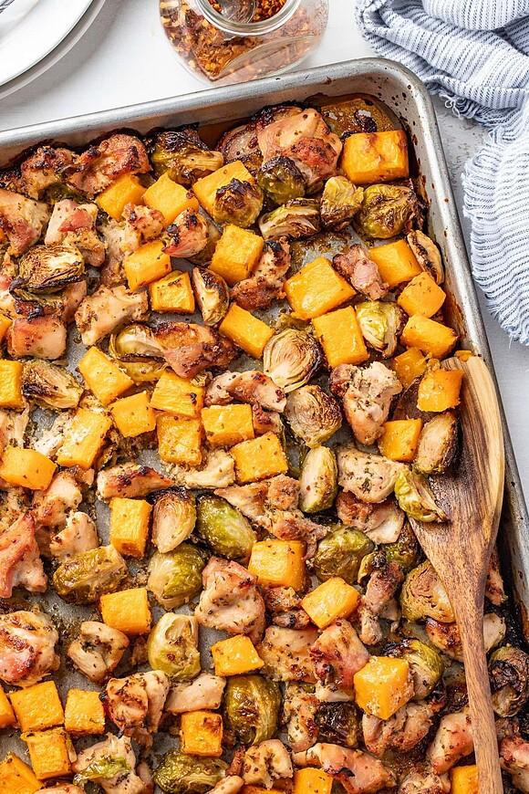 Maple dijon sheet pan chicken with Brussels sprouts and butternut squash