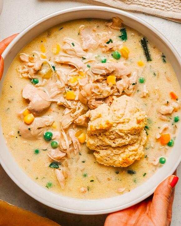 Crock pot chicken pot pie (slow cooker recipe with drop biscuits)