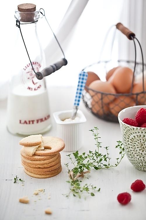 Honey yogurt mousse with raspberry coulis and shortbread cookies