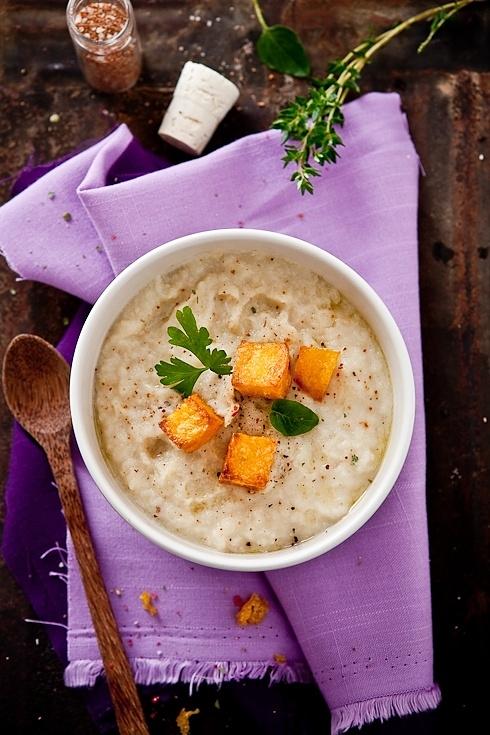 Roasted vegetable soup with polenta croutons