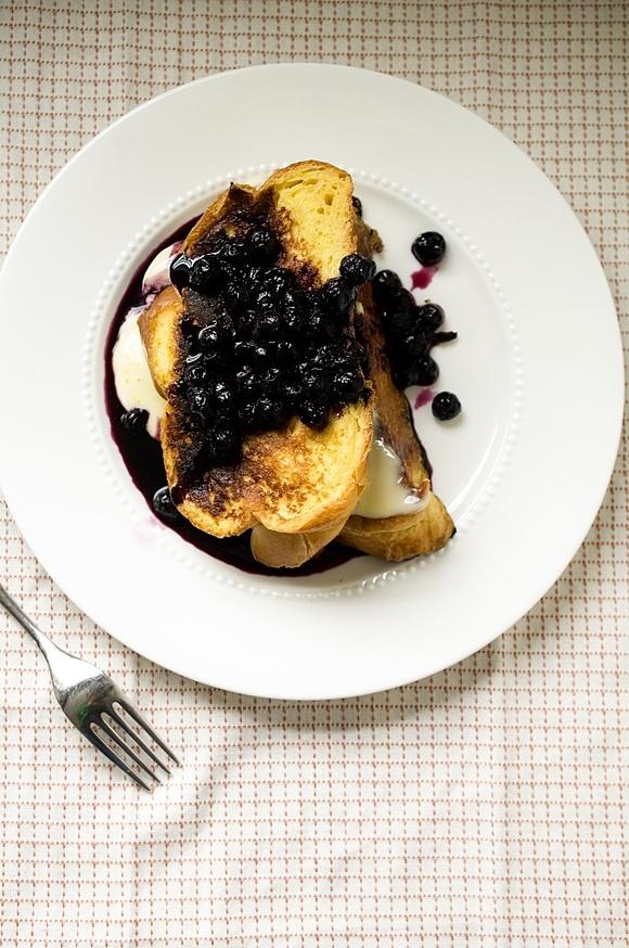 Challah french toast with mascarpone and blueberry meyer lemon compote