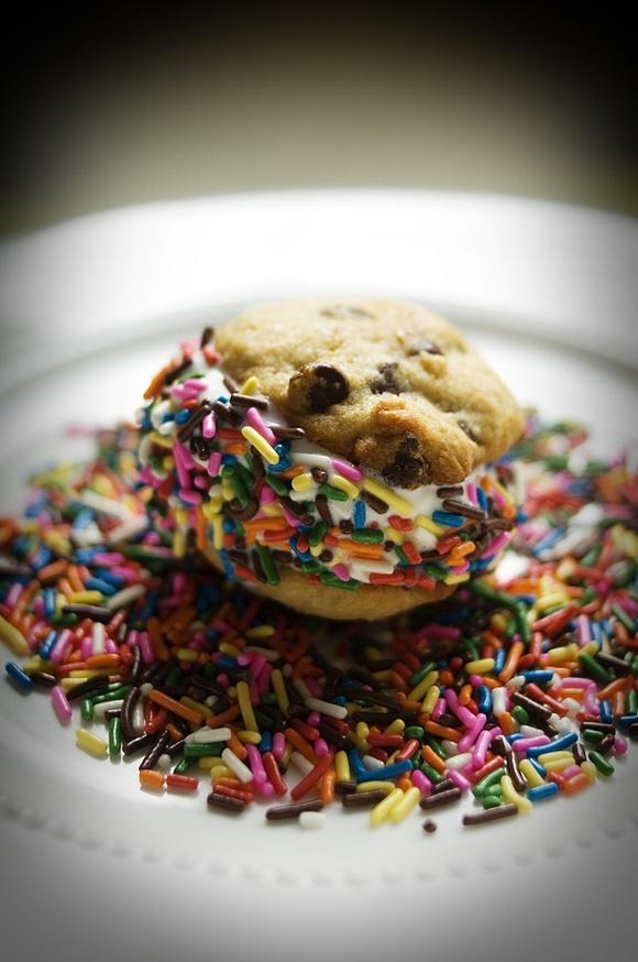 Mini chocolate chip ice cream sandwiches with sprinkles