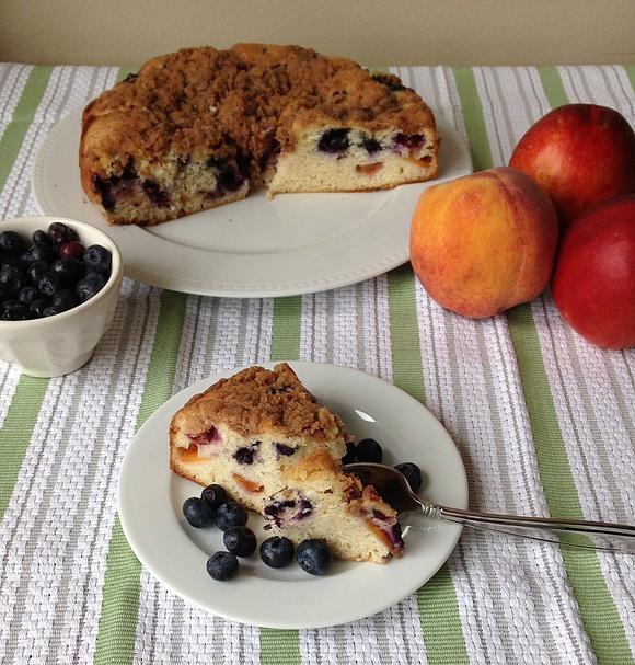 Peachberry buckle with blueberries and peaches