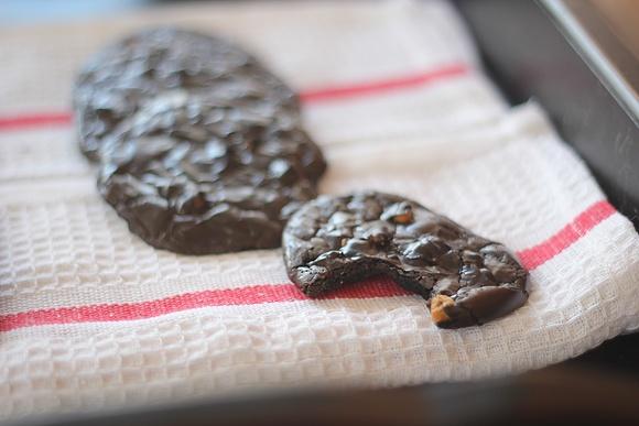 Flourless dark chocolate espresso cookies with butterscotch chips