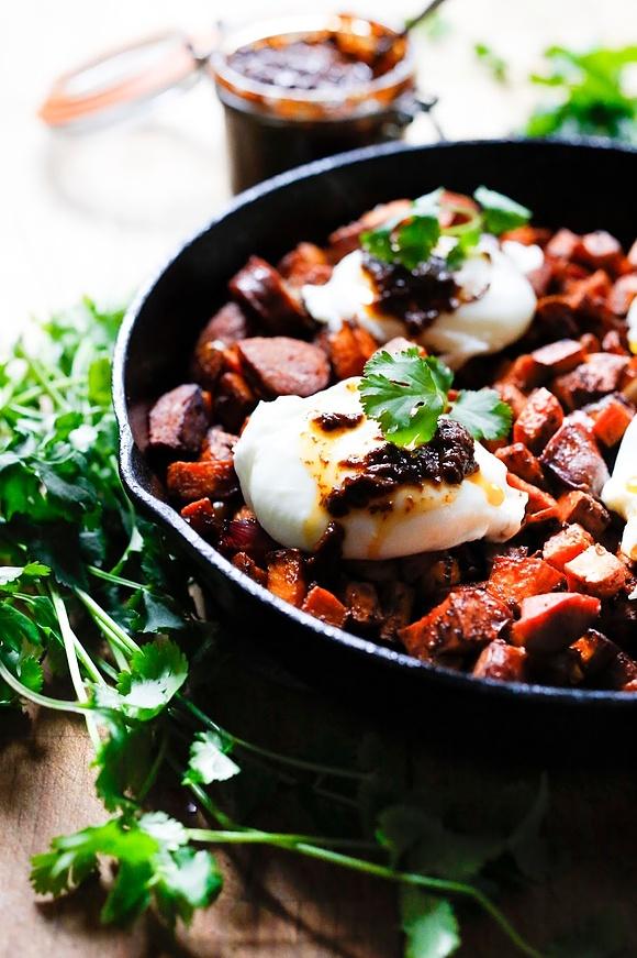 Harissa sweet potato hash with merguez sausage and eggs