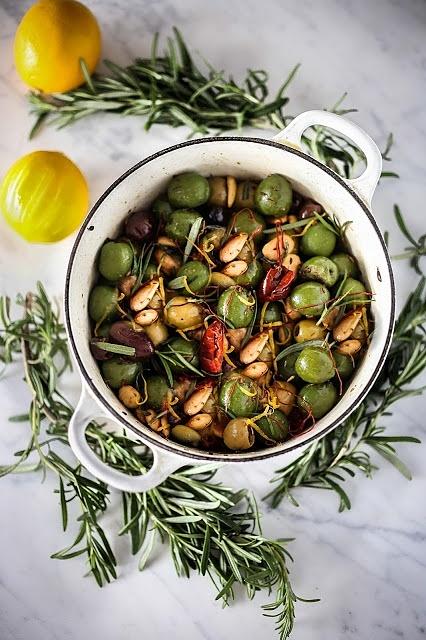 Warm rosemary olives with chili threads