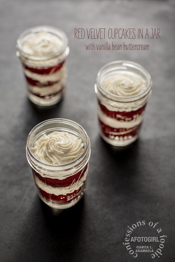Red velvet cupcakes in a jar with vanilla bean buttercream frosting
