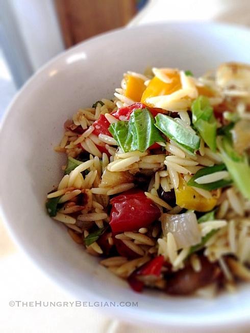 Mediterranean orzo with roasted vegetables and lemon zest
