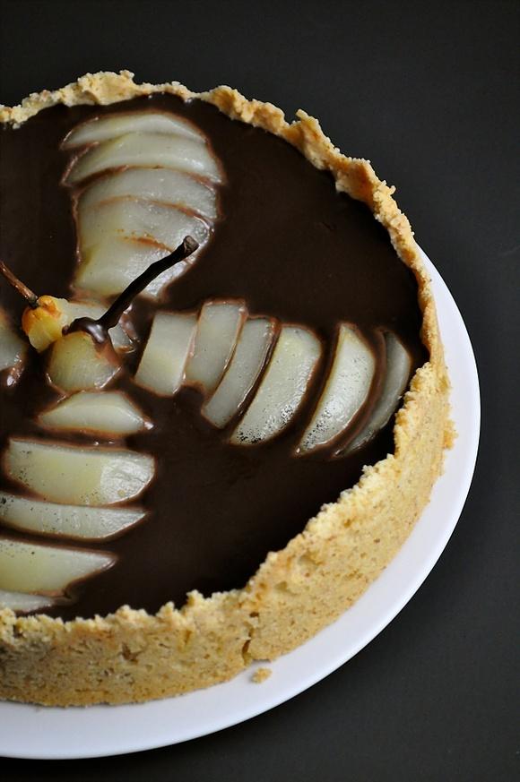 Dark chocolate pear and walnut tart