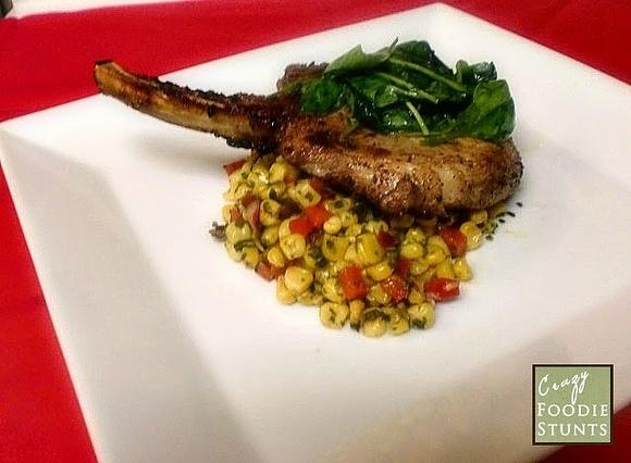 Coffee and Molasses Brined Pork Chop with Roasted Corn Salsa and Watercress Salad