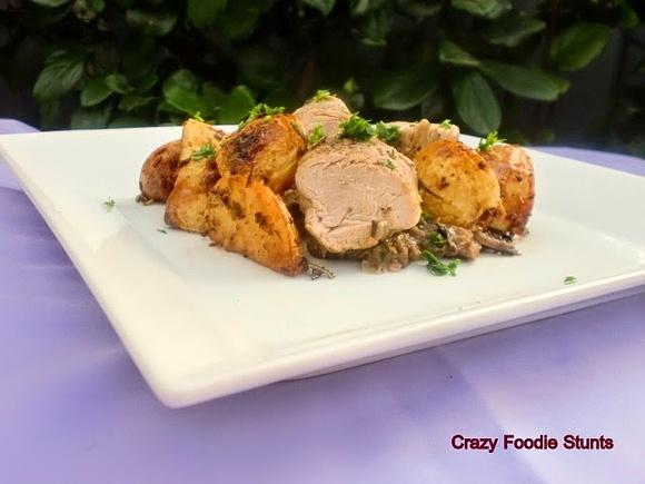 Roast pork tenderloin with mushroom Marsala sauce and roasted potatoes
