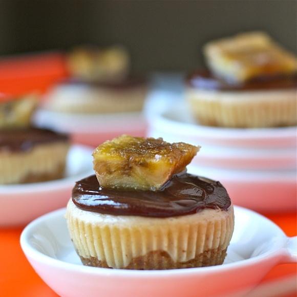 Chocolate peanut butter cheesecakes with caramelized banana