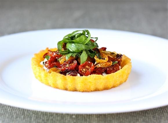 Polenta tart with goat cheese and slow roasted tomatoes